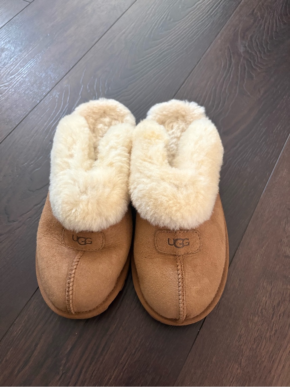 UGG Coquette Slippers, Chestnut Suede Slip-On with Cream Sheepskin Collar